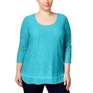 New! JM COLLECTION Women's Plus Size Studded Crochet Turquoise Tunic Top Blouse